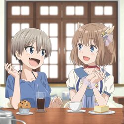  2girls :d album_cover cover cup elbow_on_table elbows_on_table eye_contact food highres iced_tea indie_virtual_youtuber indoors kano_(utaite) looking_at_another muffin multiple_girls official_art open_mouth own_hands_clasped own_hands_together smile uzaki-chan_wa_asobitai! uzaki_hana virtual_youtuber 