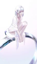  1other androgynous bad_id bad_twitter_id bed_sheet colored_eyelashes crystal_hair diamond_(houseki_no_kuni) eyelashes gem ghost_to_human hand_on_own_knee highres houseki_no_kuni jewelry knees_up naked_sheet nude other_focus pale_skin ring short_hair sitting sitting_on_pillow solo thick_eyebrows 