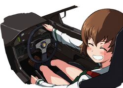  black_socks blouse brown_eyes brown_footwear brown_hair car car_interior closed_eyes commentary driving facing_back facing_viewer female freckles girls_und_panzer green_skirt grin kayabakoro leopon_(animal) loafers long_sleeves miniskirt motor_vehicle ooarai_school_uniform pleated_skirt school_uniform shirt shoes short_hair sitting skirt smile socks solo tsuchiya_(girls_und_panzer) vehicle_interior white_shirt 