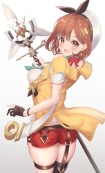  atelier_(series) atelier_ryza atelier_ryza_2 bad_id bad_pixiv_id black_ribbon blush breasts brown_eyes brown_hair earrings female gloves hair_ornament highres hiruno_ushiro holding holding_weapon jewelry key large_breasts leather leather_belt leather_gloves looking_at_viewer necklace open_mouth partially_fingerless_gloves red_shorts reisalin_stout ribbon shirt short_shorts shorts simple_background single_thighhigh skindentation smile solo staff thick_thighs thigh_strap thighhighs thighs vest weapon white_headwear white_shirt yellow_vest 