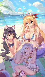  3girls absurdres ahoge all_fours animal_ear_fluff animal_ears antenna_hair ass ball bare_arms bare_shoulders beach beach_towel beachball bikini black_bikini black_hair blue_eyes blue_sky blurry blurry_background blush bracelet braid breast_envy breasts cat_ears cat_girl cat_tail cleavage closed_eyes closed_mouth cloud cloudy_sky collarbone commentary covered_navel day elf eyewear_on_head feet_out_of_frame finger_to_mouth flower frills front-tie_bikini_top front-tie_top green_eyes grin hair_between_eyes hair_flower hair_ornament hair_ribbon halterneck hand_up highres index_finger_raised innertube jewelry karyl_(princess_connect!) karyl_(summer)_(princess_connect!) kokkoro_(princess_connect!) kokkoro_(summer)_(princess_connect!) lap_pillow large_breasts long_hair looking_at_viewer low_twintails lying medium_breasts multicolored_hair multiple_girls navel ocean on_side one-piece_swimsuit orange_flower orange_hair outdoors palm_tree parted_lips pecorine_(princess_connect!) pecorine_(summer)_(princess_connect!) pink_flower pointy_ears princess_connect! red_ribbon ribbon sand see-through sgt-jz short_hair shushing side-tie_bikini_bottom single_braid sitting skindentation sky sleeping small_breasts smile star_ornament starfish streaked_hair sunglasses swim_ring swimsuit symbol-only_commentary tail thighs tiara towel tree twintails v-shaped_eyebrows very_long_hair water white_bikini white_flower white_hair white_one-piece_swimsuit yokozuwari 