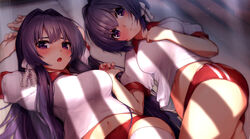  2girls absurdres arms_behind_head arms_up blush breasts buruma clannad closed_mouth commentary_request fujibayashi_kyou fujibayashi_ryou gym_uniform hair_between_eyes hair_intakes hair_ribbon hair_spread_out highres indoors long_hair looking_at_viewer lying marutenmaruten medium_breasts midriff multiple_girls navel on_back on_side open_mouth purple_eyes purple_hair red_buruma ribbon shirt short_hair short_sleeves siblings sisters stomach twins very_long_hair white_ribbon white_shirt 