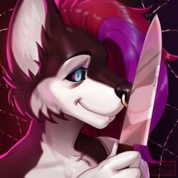  1:1 2020 black_sclera blue_eyes canid canine canis digital_media_(artwork) eyebrows eyelashes fingers hair headshot_portrait hi_res knife male mammal poofroom portrait red_hair solo weapon wolf 