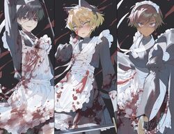  2boys @_@ absurdres alternate_costume animal_ears apron arm_up bad_id bad_twitter_id black_background black_dress black_eyes black_gloves black_hair blonde_hair blood blood_in_hair blood_on_clothes blood_on_face blood_on_weapon blood_splatter blush brown_hair cat_ears cat_tail character_name closed_mouth commentary_request crossdressing dark-skinned_female dark_skin dress earrings enmaided eyes_visible_through_hair fake_animal_ears fake_tail female foreshortening frilled_apron frilled_dress frills gloves hair_between_eyes hanbok hand_on_own_cheek hand_on_own_face hand_up highres holding holding_sword holding_weapon inactive_account jewelry juliet_sleeves korean_clothes korean_commentary limbus_company long_hair long_sleeves looking_at_viewer maid maid_apron maid_headdress male_maid maratang multiple_boys open_mouth orange_eyes outis_(project_moon) project_moon puffy_sleeves scar scar_on_cheek scar_on_face scar_on_nose shaded_face short_hair signature sinclair_(project_moon) single_earring sweat sword tail tassel tassel_earrings tomboy waist_apron weapon white_apron white_background yellow_eyes yi_sang_(project_moon) 