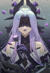  absurdres backlighting bare_shoulders blurry blurry_foreground dated female flower frills gloves highres holding holding_flower horns kuooooaiq league_of_legends mask parted_lips petals plant purple_flower purple_gloves purple_lips purple_rose rose smile solo syndra thorns turtleneck twitter_username upper_body vines withered_rose_syndra 