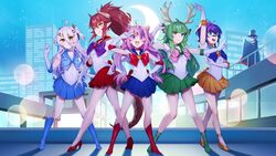  1boy 5girls absurdres ahoge animal_ears antlers bishoujo_senshi_sailor_moon blue_eyes boots bubi_(ironmouse) building choker circlet cosplay dasdokter deer_antlers deer_ears deer_girl demon_girl derivative_work dragon_girl dragon_horns dragon_tail elbow_gloves full_body gloves gradient_hair green_eyes green_hair grey_hair hair_between_eyes hair_ornament hairpin haruka_karibu henya_the_genius heterochromia high_heels highres horns inner_senshi ironmouse long_bangs long_hair looking_at_viewer melody_(projektmelody) miniskirt multicolored_hair multiple_girls oerba_yun_fang open_mouth outdoors pink_eyes pink_hair pointy_ears ponytail purple_eyes purple_hair red_hair reindeer_antlers sailor_jupiter sailor_jupiter_(cosplay) sailor_jupiter_pose sailor_mars sailor_mars_(cosplay) sailor_mars_pose sailor_mercury sailor_mercury_(cosplay) sailor_mercury_pose sailor_moon sailor_moon_(cosplay) sailor_moon_pose sailor_senshi_uniform sailor_venus sailor_venus_(cosplay) sailor_venus_pose second-party_source sidelocks skirt smile standing streaked_hair tail teeth tuxedo_kamen tuxedo_kamen_(cosplay) twintails two_side_up virtual_youtuber vshojo yellow_eyes zentreya zentreya_(dragon) 