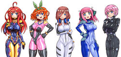  5girls ahoge ayanami_rei ayanami_rei_(cosplay) black_bodysuit blue_bodysuit blue_eyes bodysuit breasts brown_hair closed_mouth cosplay cowboy_shot eyebrows_hidden_by_hair fortified_suit g_gundam gantz gantz_suit go-toubun_no_hanayome green_hairband green_ribbons gundam hair_between_eyes hair_ornament hair_ribbon hairband headphones headphones_around_neck highres interface_headset large_breasts latex latex_bodysuit long_hair lyrical_nanoha mahou_shoujo_lyrical_nanoha_strikers medium_hair mobile_trace_suit multicolored_bodysuit multicolored_clothes multiple_girls muv-luv muv-luv_alternative muv-luv_total_eclipse nakano_ichika nakano_itsuki nakano_miku nakano_nino nakano_yotsuba neon_genesis_evangelion numbers&#039;_uniform orange_hair pilot_suit pink_bodysuit pink_hair plugsuit quintuplets rain_mikamura rain_mikamura_(cosplay) red_hair ribbon sachisuki_gyoko science_fiction short_hair siblings sisters skin_tight star_(symbol) star_hair_ornament takamura_yui takamura_yui_(cosplay) white_bodysuit 