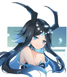  absurdres bare_shoulders blue_eyes blue_hair bonanus_(genshin_impact) breasts cleavage facial_mark female forehead_mark genshin_impact highres horns long_hair parted_bangs sidelocks smile solo yanti 