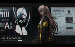  404 404_(girls&#039;_frontline) 404_logo_(girls&#039;_frontline) armband black_jacket brown_eyes brown_hair commentary_request copyright_name english_text female girls&#039;_frontline hand_in_pocket highres http_status_code jacket long_hair looking_at_viewer one_eye_closed photoshop_(medium) scar scar_across_eye scar_on_face selcky smile solo ump45_(girls&#039;_frontline) yellow_armband 