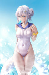  absurdres azur_lane blue_eyes blue_sailor_collar blue_sky breasts casual_one-piece_swimsuit cloud covered_navel feet_out_of_frame female food grey_hair highres jade_(a_lick_of_summer)_(azur_lane) jade_(azur_lane) medium_breasts mouth_hold neckerchief official_alternate_costume one-piece_swimsuit popsicle ressec sailor_collar sailor_one-piece_swimsuit short_hair sky solo standing swimsuit thigh_gap white_neckerchief white_one-piece_swimsuit 