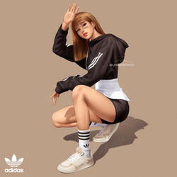  adidas blackpink brown_background brown_eyes brown_hair female hood hood_down hooded_jacket jacket k-pop lips lisa_(blackpink) long_hair looking_at_viewer parted_lips real_life shorts socks solo squatting twitter_username umigraphics 