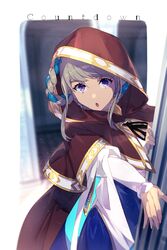  blue_hair blue_skirt blush braid braided_hair_rings breasts cloak dress echo_(circa) fate/grand_order fate_(series) female grey_hair hair_rings hood hood_up hooded_cloak long_hair long_sleeves looking_at_viewer medium_breasts multicolored_hair open_mouth pope_joan_(fate) purple_eyes red_cloak sidelocks skirt solo twin_braids two-tone_hair white_dress 