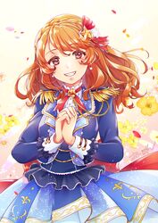  absurdres aikatsu!_(series) aikatsu_on_parade! blue_jacket blue_skirt braid brown_hair crown_braid epaulettes female floating_hair flower grin hair_between_eyes hair_ornament hair_ribbon highres jacket long_hair long_sleeves looking_at_viewer miniskirt own_hands_clasped own_hands_together ozora_akari petals pleated_skirt print_skirt red_eyes red_ribbon ribbon skirt smile solo sorawoyumemiru star_(symbol) star_hair_ornament swept_bangs white_background yellow_flower 