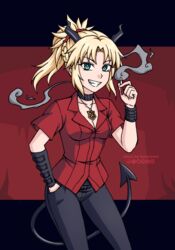  black_choker black_pants blonde_hair braid burbur choker cigarette commentary cosplay demon_tail english_commentary fate/apocrypha fate_(series) female green_eyes grin hair_ornament hair_scrunchie hand_in_pocket helltaker highres holding holding_cigarette horns jewelry letterboxed long_hair looking_at_viewer mixed-language_commentary mordred_(fate) mordred_(fate/apocrypha) pants pendant ponytail red_scrunchie red_shirt scrunchie shirt short_sleeves smile smoke solo tail zdrada_(helltaker) zdrada_(helltaker)_(cosplay) 