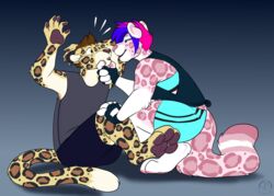  4_toes 5_fingers ash_(ashkelling) barefoot blue_hair candy_(carifoxleopard) carifoxleopard clothed clothing duo feet felid female fingers hair leopard male male/female mammal pantherine pink_hair sitting smile toes 