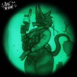  1:1 2022 anthro bodysuit canid canine canis clothed clothing dubmare female fingers gun hi_res looking_at_viewer mammal monster nightmare_fuel portrait ranged_weapon signature skinsuit sligarthetiger solo standing thick_thighs three-quarter_portrait tight_clothing weapon wide_hips wolf 