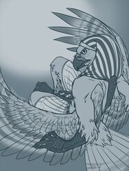  2015 3:4 4_fingers 4_toes anisodactyl anthro avian avian_feet beak bird claws clothed clothing digital_media_(artwork) egyptian egyptian_clothing egyptian_headdress falcon falconid feathered_wings feathers feet finger_claws fingers gradient_background grey_background greyscale gyrfalcon looking_at_viewer looking_back looking_back_at_viewer male monochrome nemes_(clothing) scuted_arms scutes shendyt signature simple_background sitting solo tail tail_feathers talons toe_claws toes triple-shot whitley_(talu_lupus) wings 