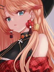  azur_lane blonde_hair braid earrings female flower_earrings green_eyes hat highres howe_(azur_lane) howe_(noble_rouge)_(azur_lane) jewelry long_hair looking_at_viewer miimu_(nelreg3) necklace official_alternate_costume open_mouth plaid single_braid solo 