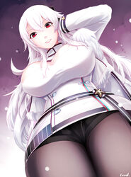  azur_lane black_pantyhose black_shorts breasts female gangut_(azur_lane) gzsd hand_on_own_head highres large_breasts long_hair looking_at_viewer mole mole_under_eye open_mouth pantyhose red_eyes shorts smile solo white_hair 