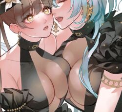  2girls aqua_hair ariel_(path_to_nowhere) blush breasts brown_eyes brown_hair closed_eyes commentary_request earrings heart heart-shaped_pupils jewelry mamaloni multiple_girls nightingale_(path_to_nowhere) parted_lips path_to_nowhere symbol-shaped_pupils teeth upper_teeth_only yuri 