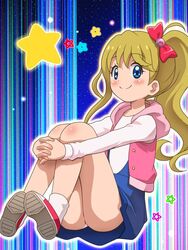  awa blonde_hair blue_eyes blush closed_mouth dress female full_body hair_ornament hoshinogawa_haruka kirakira_happy_hirake!_cocotama legs long_hair looking_at_viewer panties ponytail skirt smile socks solo star_(symbol) underwear white_panties white_socks 