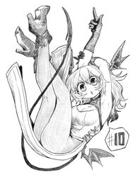  ankle_boots armpits arms_up bat_wings black_wings boots breasts chapter_number demon_tail dress female greyscale head_wings highres ink_(medium) large_breasts legs_up monochrome pantyhose sumire_(yakunitatsu_node_chi_o_kudasai) tail traditional_media vampire wings yakunitatsu_node_chi_o_kudasai zyugoya 