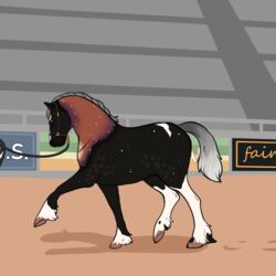  1:1 ambiguous_gender black_body black_fur bridle brown_body brown_fur brown_hooves digital_media_(artwork) dirt equid equine faime feral fur grey_hair hair hooves horse mammal rhari solo stadium white_body white_fur 