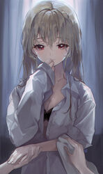  black_bra blush bra brown_hair collared_shirt covering_own_mouth crying curtains dress_shirt eyelashes female grey_hair hair_between_eyes hand_over_own_mouth hand_up highres holding holding_hands holding_towel hyatsu indoors long_hair looking_at_viewer original out_of_frame oversized_clothes oversized_shirt partially_unbuttoned pov pov_hands red_eyes shirt sleeves_past_wrists solo_focus tears towel underwear upper_body wet wet_clothes wet_hair wiping 