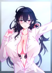  absurdres azur_lane bespectacled black_bra black_hair bra bra_visible_through_clothes breasts center_opening cleavage collared_shirt female glasses highres huge_breasts long_hair long_sleeves looking_at_viewer open_bra partially_unbuttoned red_eyes renfura round_eyewear shirt simple_background solo taihou_(azur_lane) underwear upper_body white_shirt 