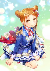  absurdres aikatsu!_(series) aikatsu_on_parade! arisugawa_otome back_bow between_legs black_socks blue_jacket boots bow brown_eyes brown_hair closed_mouth cone_hair_bun double_bun epaulettes female hair_bun hand_between_legs highres jacket kneehighs layered_skirt long_sleeves looking_at_viewer miniskirt neck_ribbon red_bow red_ribbon ribbon sitting skirt smile socks solo sorawoyumemiru wariza white_footwear 