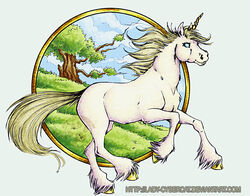  cloud cybercat equid equine female forest hooves horn mammal mane mythological_creature mythological_equine mythology pasture plant simple_background solo tree unicorn 