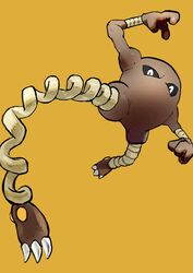  af_(afloatisland) arm_up claws clenched_hand highres hitmonlee incoming_kick kicking looking_at_viewer no_humans no_mouth orange_background pokemon pokemon_(creature) simple_background solo 