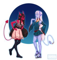  2020 black_hair clothed clothing demon digital_media_(artwork) duo eyebrows eyelashes female femboy hair hi_res male not_furry poofroom smile white_hair 