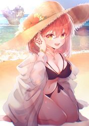  beach bikini blush breasts cleavage collarbone command_spell commentary_request eyes_visible_through_hair fate/grand_order fate_(series) female flower fujimaru_ritsuka_(female) hair_between_eyes hat highres jewelry kneeling long_sleeves medium_breasts medium_hair navel necklace open_mouth orange_eyes orange_hair outdoors sand solo stomach straw_hat suna_co swimsuit water 