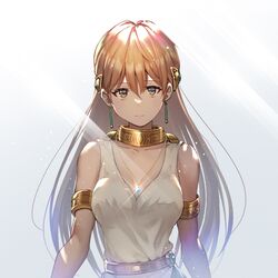  armlet blue_gemstone breasts brown_eyes brown_hair cleavage closed_mouth collarbone dragon_quest dragon_quest_dai_no_daibouken dress earrings female gem hair_between_eyes jewelry long_hair looking_at_viewer medium_breasts pendant princess_leona sleeveless sleeveless_dress solo sparkle sunlight upper_body very_long_hair white_background white_dress yappo_(point71) 