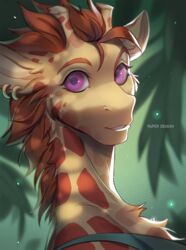  anthro artist_name brown_hair bust_portrait detailed_background digital_media_(artwork) ear_piercing ear_ring female giraffe giraffid glistening glistening_eyes hair hi_res legend_of_ahya long_neck looking_at_viewer mammal markings marle_talbender_(darkflamewolf) nature nature_background neck_tuft orange_spots outside paper_demon piercing plant portrait purple_eyes ring_piercing shaded soft_shading solo spots spotted_body tuft yellow_body yellow_ears 