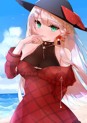  absurdres azur_lane black_hat blonde_hair braid breasts dress earrings female finger_to_mouth flower_earrings green_eyes hand_on_own_face hat highres howe_(azur_lane) howe_(noble_rouge)_(azur_lane) jewelry long_hair looking_at_viewer medium_breasts necklace official_alternate_costume outdoors plaid plaid_dress ryou_(ryo_217cafe) single_braid solo 