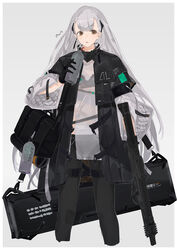  ak-alfa_(girls&#039;_frontline) artist_name bag black_gloves black_jacket black_pants bottle brown_eyes commentary_request female girls&#039;_frontline gloves gun headphones highres holding holding_bag holding_bottle holding_weapon jacket long_hair looking_at_viewer open_clothes open_jacket open_mouth pants rifle solo standing sutekina_awa water_bottle weapon weapon_bag weapon_case white_background white_hair 