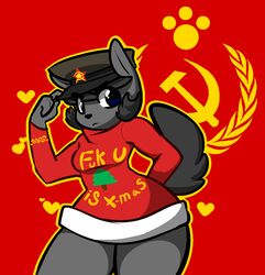  4_fingers anthro biped black_nose blue_eyes bottomless clothed clothing eyewear female fingers fur glasses grey_body grey_fur hair hammer_and_sickle hand_behind_back hat headgear headwear heart_symbol looking_at_viewer mammal raised_tail ramona_dragunov short_hair simple_background solo sovietcatparty standing tail wide_hips 