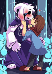  2015 ambiguous_gender anthro arms_bent asriel_dreemurr_(god_form) bent_legs blush boss_monster_(undertale) bovid caprine clothed clothing crouching duo ear_grab embarrassed ende flower frisk_(undertale) goat grabbing_both_ears hands_on_ears head_grab heart_symbol human human_on_anthro hunched_over interspecies intimate kissing leaning leaning_forward long_ears love male mammal plant raised_arms raised_hand size_difference standing straight_legs surprise surprise_kiss undertale undertale_(series) water waterfall 