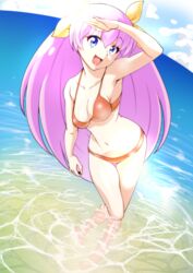  :d ai_tenshi_densetsu_wedding_peach bikini blue_eyes breasts collarbone commentary_request date_naoto day female full_body hanasaki_momoko head_tilt highres long_hair looking_at_viewer medium_breasts navel ocean open_mouth outdoors pink_hair red_bikini refraction ribbon sky smile solo swimsuit very_long_hair wading water yellow_ribbon 