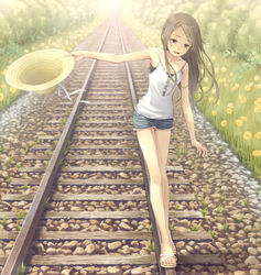  bad_id bad_pixiv_id balancing bare_shoulders blue_eyes brown_hair bush camisole commentary_request day female flower grass hair_ornament hairclip hat hat_ribbon holding holding_clothes holding_hat legs long_hair open_mouth original outdoors outstretched_arm railroad_tracks ribbon rock sandals short_shorts shorts sleeveless smile solo sun_hat tokumaru unworn_hat unworn_headwear 