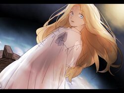  arms_behind_back blonde_hair blue_eyes commentary_request dress dutch_angle female floating_hair letterboxed lonelyethyl long_hair looking_at_viewer marnie_(omoide_no_marnie) omoide_no_marnie ribbon solo white_dress 