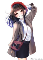  arm_up bag black_hair blush brown_eyes commentary_request cowboy_shot dated female hat kentaurosu long_hair long_sleeves matsuno_chiya original satchel simple_background smile solo white_background 