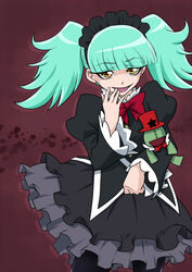  aqua_hair biburi_(precure) black_hairband black_pantyhose black_shirt black_skirt blouse bow bowtie commentary_request cowboy_shot dengeki_gx doll evil_smile female frilled_hairband frills gothic_lolita hairband holding holding_doll kirakira_precure_a_la_mode layered_skirt light_green_hair lolita_fashion long_hair pantyhose precure puffy_sleeves purple_background red_bow shirt simple_background skirt smile solo standing twintails yellow_eyes 