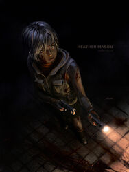  blonde_hair cassio_yoshiyaki commentary dress english_commentary female gun handgun heather_mason highres jacket md5_mismatch miniskirt resolution_mismatch short_hair silent_hill_(series) silent_hill_3 skirt sleeveless sleeveless_turtleneck solo source_larger turtleneck turtleneck_dress vest weapon wristband 