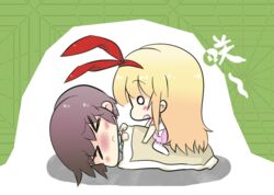  &gt;_&lt; 2girls amae_koromo blonde_hair brown_hair chibi closed_eyes commentary_request image_sample long_hair md5_mismatch miyanaga_saki multiple_girls o_o pixiv_sample plug_(feng-yushu) resolution_mismatch saki_(manga) short_hair sleeping source_larger straddling 