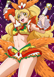  :d blonde_hair blush brooch commentary_request cowboy_shot cure_honey cure_honey_(coconut_samba) dengeki_gx dual_wielding earrings female happinesscharge_precure! heart heart_brooch heart_wand holding holding_wand jewelry layered_skirt long_hair looking_at_viewer magical_girl midriff miniskirt navel oomori_yuuko open_mouth precure purple_background skirt smile solo wand wrist_cuffs yellow_eyes 