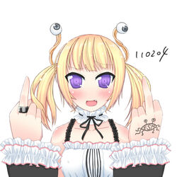  blonde_hair commentary_request female flying_spaghetti_monster jewelry middle_finger no_nose oerba_yun_fang personification purple_eyes ring ringed_eyes s_ibane short_twintails simple_background solo tattoo twintails 