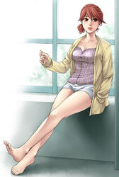  bad_id bad_pixiv_id barefoot brown_eyes brown_hair feet female hanamura hands indoors legs lips original painttool_sai_(medium) ponytail red_hair short_hair shorts sitting solo toes window 